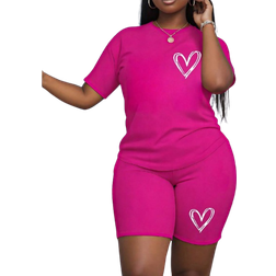 Shein Plus Love Print Round Neck Short Sleeve Top And Shorts Set Summer Casual Outfits