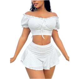 Shein Summer Vacation Outfits Princess Sleeves Ruffle Holiday White Two Piece Set Short Sets