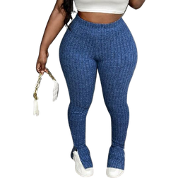 Shein Casual Elastic Waist Ribbed Flared Leg Open Slit Bottoms Navy