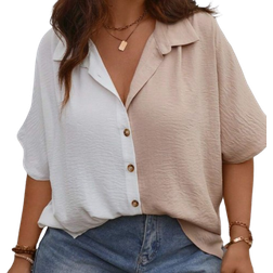 Shein Plus Women Color Blocking Batwing Sleeve Casual Loose Shirt With TurnDown Collar For Summer