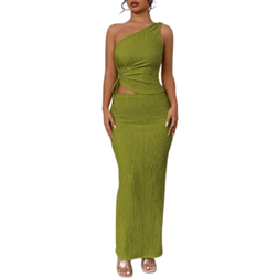 Shein 2pcs Elegant Set: Asymmetric Neckline Cutout Drawstring Blouse And Mini Skirt