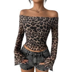 Shein Womens Leopard Print Mesh Off Shoulder Flare Sleeve Crop Top