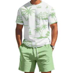 Shein Piece Mens Summer Vacation Palm Tree Print Crew Neck Short Sleeve Casual TShirt And Drawstring Waist Shorts Set