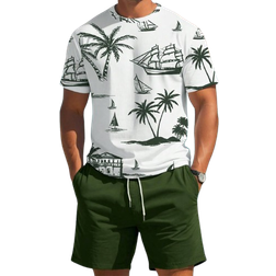Shein Mens Summer Palm Tree Printed Short Sleeve TShirt And Drawstring Waist Shorts Vacation Set