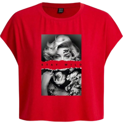 Shein Lässiges kurzärmeliges T-Shirt mit Buchstaben- und Charakter-Muster und Rundhalsausschnitt für Frauen, ideal für den Sommer