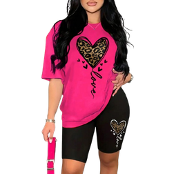 Shein pcs Womens Leopard Heart Love Print Drop Shoulder TShirt Set Casual Short Sleeve Tops For Summer Perfect For Valentines Day Gifts