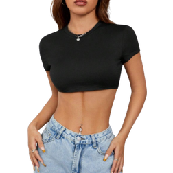 Shein Casual Simple Solid Color Round Neck Cropped Slim Fit Womens TShirt Black Crop Top