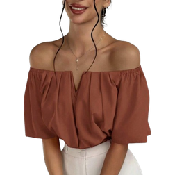 Shein Solid Color VNeck Off Shoulder Casual Top