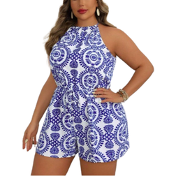 Shein Plus Womens Summer Holiday Plant Printed Halter Casual Romper