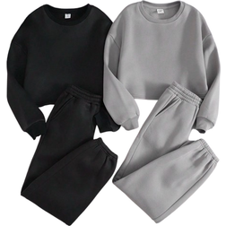 Shein Tween Girl Solid Color Drop Shoulder Cropped Sweatshirt And Sweatpants Set Color Packs