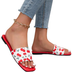 Shein Fashionable Red Flat Sandals For Women Cherry Patterned AntiSlip Sole Slipper Shoes Summer