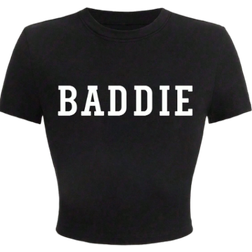Shein Roligt brevtryck med rund hals och kortrmad Crop Top fr sommarens fritidsklder