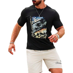 Shein Mens Palm Tree Letter Printed Round Neck Short Sleeve Casual TShirt And Shorts Set Summer