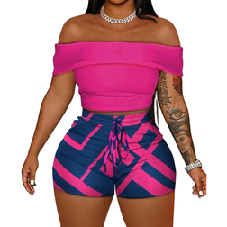 Shein Boho Summer Holiday Off Shoulder TightFitting Top And AllOver Printed Waist Tie Mini Shorts Going Out Set