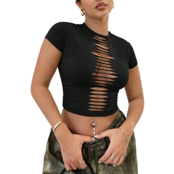 Shein Solid Color Distressed HollowOut Tight Khaki Top Waste Land Style And Summer Clothing Music Festival Clothes Concert Clothes Daily Wear Versati