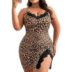 Shein Plus Leopard Print Lace Splice Sleep Dress Pyjamas Klnning med slits och bowknot sommar