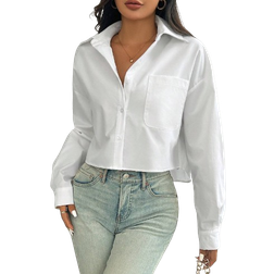 Shein Damen Frühling/sommer Einfarbig Lockere Passform Drop-Shoulder Langarm Kurz Geschnittenes Freizeithemd Mit Tasche