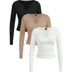Shein Stücke Damen V-Ausschnitt T-Shirts mit geraffter Taille, lang geschlossene Ärmel, enge Passform, Neuankömmling für den Frühherbst