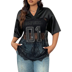 Shein Plus VNeck Lace Baggy Varsity Sweatshirt