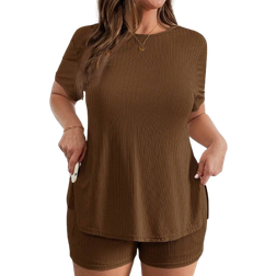 Shein Plus Solid Short Sleeve Split Hem Tee Shorts