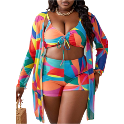 Shein pcsSet Plus Contrast Color Front Tied Bralette Bikini Bottom And Long Sleeve Cover Up Swimwear Set Perfect For Summer Beach