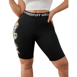 Shein Trendige Street Style Strick-Shorts in Große Größen mit Cartoon Muster und hohem Bund mit Buchstaben, Schwarz