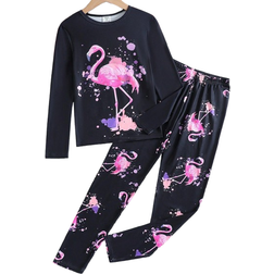 Shein pcs Girl Flame Flamingo Print Glow In Dark Long Sleeve TShirt And Legging Pajama Set