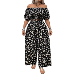 Shein Plus Leopard Print Off Shoulder Short Sleeve Shirt And Long Pants Casual Vacation Outfit Set