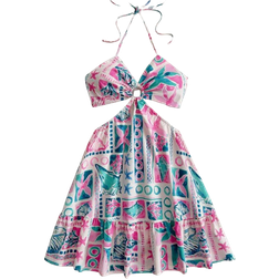 Shein Womens Vacation Style Pastel Green Ocean Element Printed Waist Hollow Round Ring Decor BowTie Halter Back To School Cute Casual Summer Dress