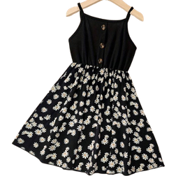 Shein Girls Clean Color Patchwork Chrysanthemum Printed Button Decoration Casual Dress For Summer