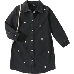 Shein Girls Casual Comfortable Loose Denim Shirt Dress With Daisy Embroidery