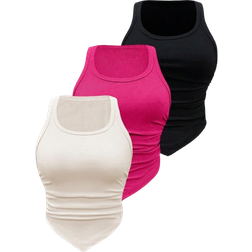 Shein Solid Color Ribbed Pleated Slim Fit Tank Top With Round Neck