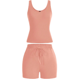 Shein Womens Summer UNeck Cropped Tank Top And Drawstring Pocket Shorts Set Outfits