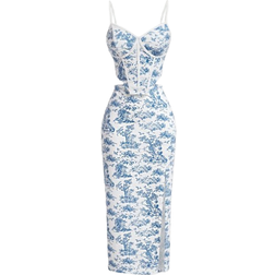 Shein Womens Retro Palace Blue White Floral Printed Fish Bone Strips Crop Top And Skirt Wedding Two Piece Set