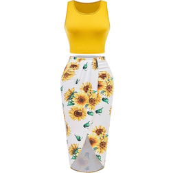 Shein Womens Summer pcs Vacation Set Yellow Tank Top And Sunflower Print Bodycon Skirt