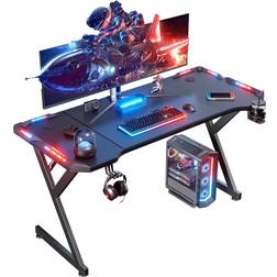 DLONGONE 120x60cm Gaming Desk with LED Lights, Computer Gaming Desk with Carbon Fibre Surface,Sturdy PC Office with Hook