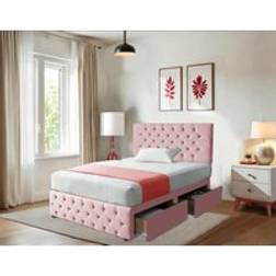 Bedsland Suede Chesterfield Divan Bed Set with 20'' Chesterfield Headboard and Footboard 2 Storage Drawers 10'' Spring Emory Foam Mattress - Luxury & Comfort - Pink