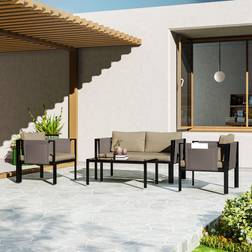 OutSunny 4 Piece Garden Sofa with Tempered Glass Coffee Table Khaki Outdoor Lounge Set
