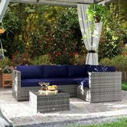 OutSunny 3 Pcs Rattan Corner Sofa with Coffee Table - Blue Outdoor Lounge Set, Table incl. 2 Chairs