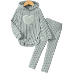 Shein pcsSet Girls Heart Embroidery Striped Hoodie Sweatshirt And Slim Pants Casual Outfit Autumn