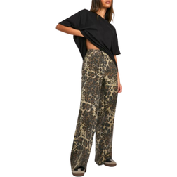 boohoo Leopard Print Denim Wide Leg Jean - Brown