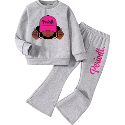 Shein Toddler Cartoon Print Crew Neck Sweatshirt And Flared Pants Set