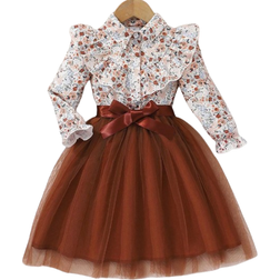 Shein Girls Floral Print Long Sleeve Netted Dress With Woven Belt