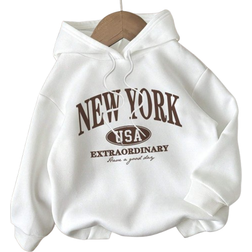 Shein Casual Minimalist Letter Print Hooded Sweatshirt - Autumn/Winter