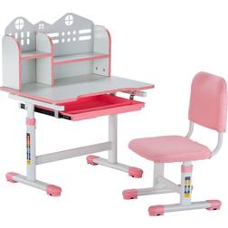 VEVOR Kids Study Chair And Desk With Bookshelf And Drawer Adjustable Height Pink