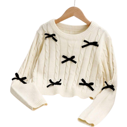 Shein Tween Girls Casual Solid Color Round Neck Long Sleeve Bow Knitted Sweater Autumn Winter