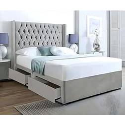 Rosdorf Park Light Grey Plush Velvet Parka Divan Bed and Mattress Sets with 48" Wingback Chesterfield Headboard 2 Storage Drawers