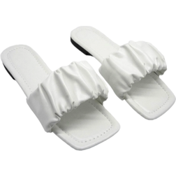 Shein Fashionable Outdoors Flat Slippers for Women, Ruched Plain Artificial Leather Open Toe Slide Sandals