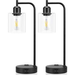 Industrial Touch Lamps Set of 2 - 3-Way Dimmable Nightstand Lamps with USB C+A Ports and Outlet - Clear Table Lamp 16.2"