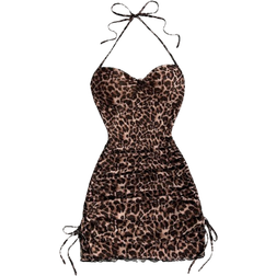 Shein Womens Resort Leopard Print Sleeveless Tie Neck Drawstring Hem Mini Dress With Chest Smocking For Inner Or Outer Wear